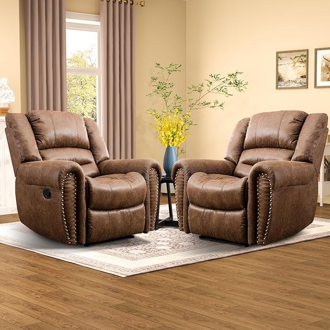 CANMOV Leather Recliner Chair Set of 2, Classic and Traditional Manual Recliner Chair with Comfortable Arms and Back,Manual Single Recliner Sofa for Living Room, Nut Brown