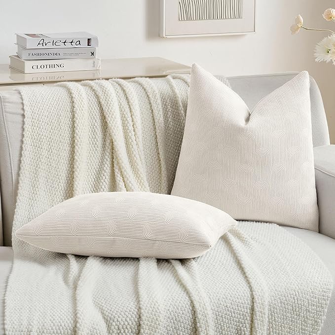 FUTEI Cream Chenille Decorative Throw Pillow Covers 16x16 Inch Set of 2,Soft Cozy Striped Geometric Patterns Cushion Cases,Modern Home Decor for Couch Bed Living Room