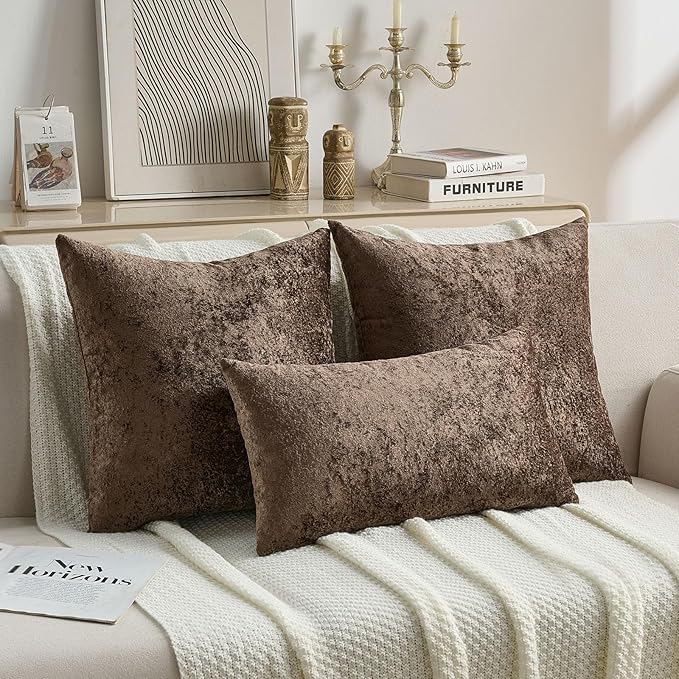 FUTEI Dark Coffee Flannel Throw Pillow Covers 18x18 Inch Set of 2,Soft Dimensional Textured Cushion Cases,Modern Home Decor for Couch Living Room