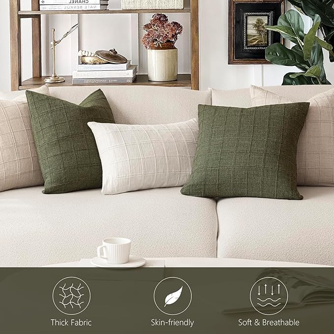 Foindtower Set of 2 Decorative Linen Check Throw Pillow Covers Neutral Farmhouse Vintage Cushion Covers Modern Boho Home Decor for Sofa Chair Couch Bedroom Living Room,22×22 Inch,Olive Green
