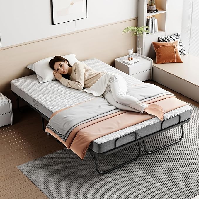 Folding Bed with Mattress 75"x54" Extra Wide Double Folding Bed, Upgraded Sturdy Construction Portable with Mattress for Adult Guests, Folds Down to Save Space (75" x 54")