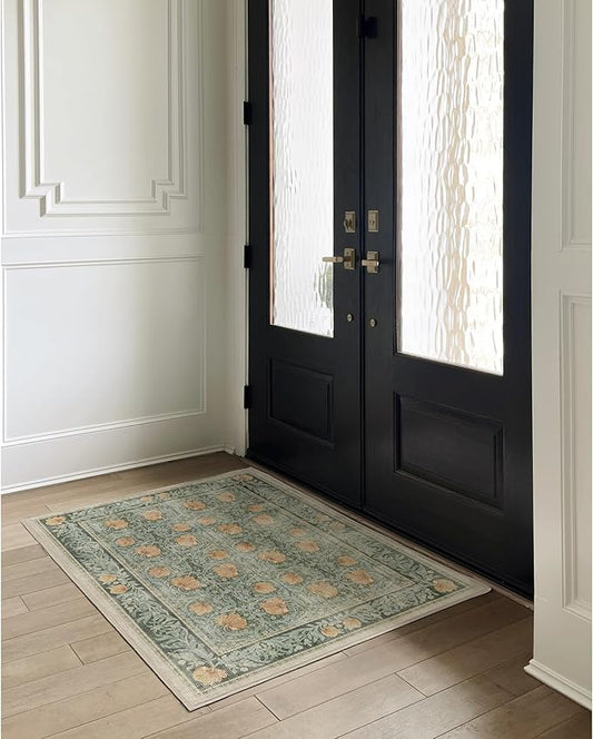 RUGGABLE x Morris & Co Washable Area Rug – Pimpernel Vintage Green 3x5, Stain-Resistant, Non-Slip – Small Machine Washable Rugs for Living Room, Bedroom, Hallway, Entryway & Office–with Cushioned Pad
