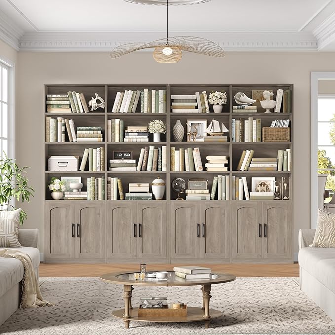 FACBOTALL Bookshelf and Bookcase with Doors, 6 Tier Double Wide Large Bookshelves, Open Display Shelves, 73'' Tall Bookshelf with Storage Cabinets for Home Office, Living Room, Library, Wash Gray