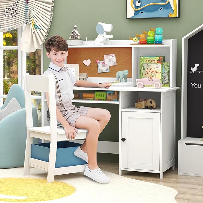 TaoHFE Kids Desk and Chair Set, Kids Desk Chair with Storage and Shelf, Wooden Kids Table and Chairs for Bedroom and Study, Craft Table with Storage Gifts for Boys, Girls to Study, White
