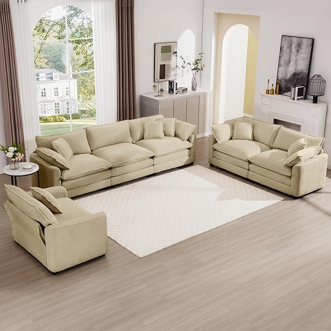 mikibama Luxury 3 Piece Sofa Set, 3-Seater & 2 Loveseat Couch Set, Modern Corduroy Comfy Cloud Couches Set for Living Room Office with 6 Armrest Pillows and 7 Toss Pillows, Camel