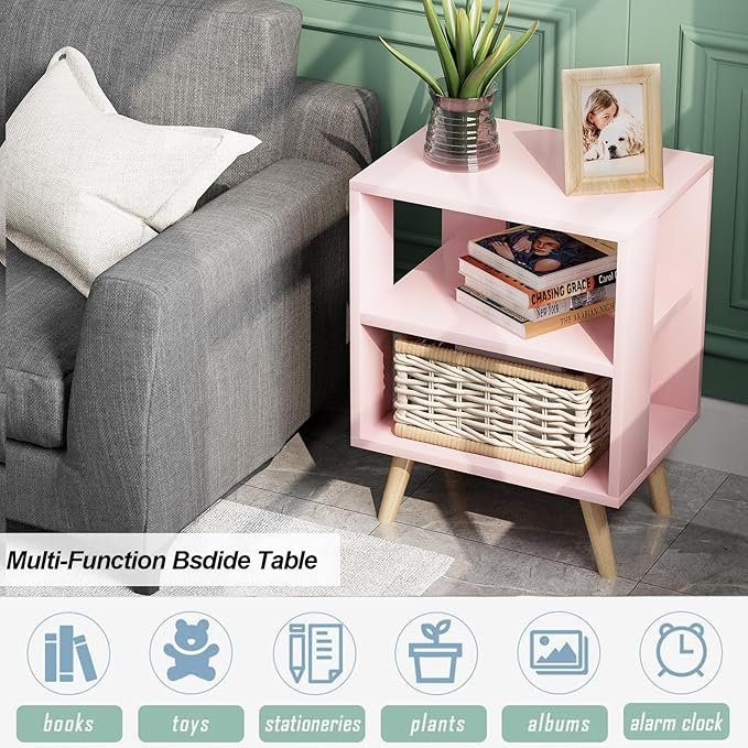 Night Stand, Pink Kids Nightstand, Modern End Table with Open Storage, 2-Tier Nursery Bedside Table for Small Space, Living Room, Bedroom