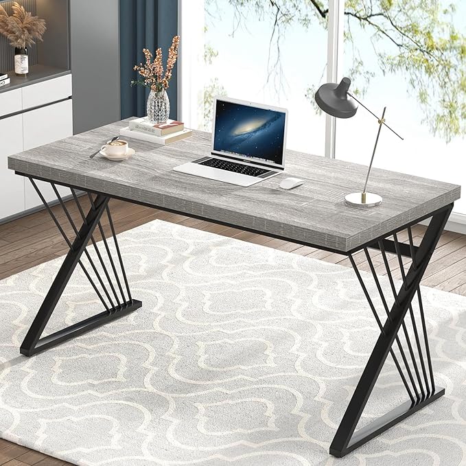 FOLUBAN Modern Desk, Rustic Wood and Metal Computer Desk for Home Office, Simple Study Writing Gaming Table for Bedroom Living Room, Light Grey, 53 Inch