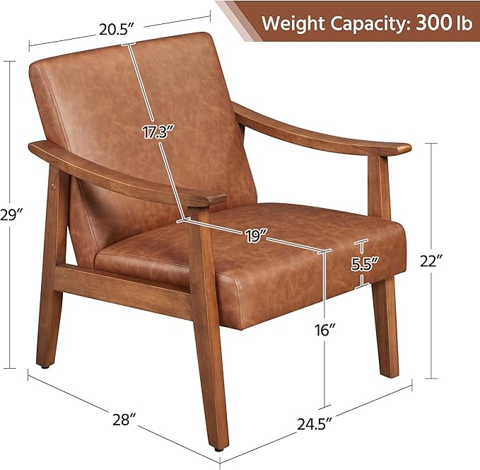 Yaheetech PU Leather Accent Chair, Mid-Century Modern Armchair with Solid Wood Legs, Reading Leisure Chair for Living Room Bedroom Waiting Room, Light Brown, Set of 2