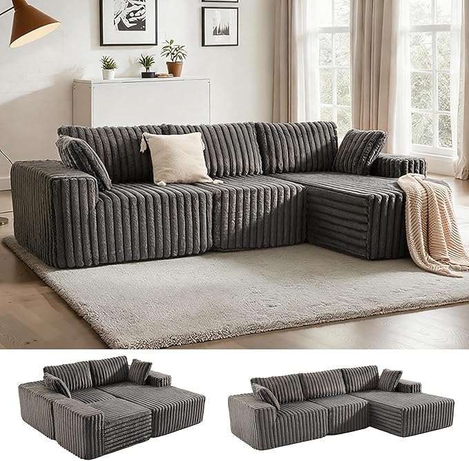 Apicizon 113" Modular Sectional Couch for Living Room, L Shaped Sectional Sofa Couch with Deep Seat, 3 Seat Boneless Sofa with Chaise Longue for Apartment,No Assembly Required (Plush Corduroy Gray)