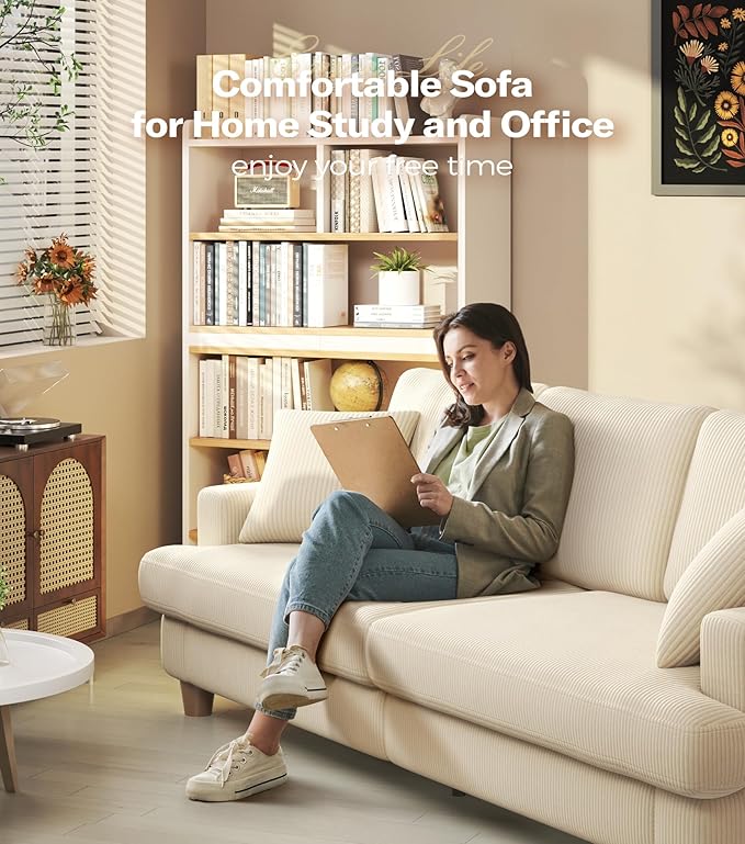 87in Corduroy Couch, Kidirect Sofa No Tool Assembly, Comfy Couches for Living Room 21in Deeper Seats, Corduroy Sofas for Living Room with 2 Pillows, Oversized Loveseat Sofa, Boho Love Seat Beige Couch