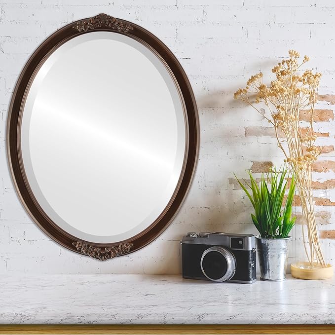 OVALCREST Oval Beveled Wall Mirror for Home Decor - Athena Style - Rubbed Bronze - 21" x 17" Outside Dimensions