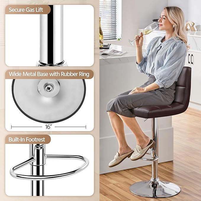 Yaheetech Bar Stools Set of 2, Adjustable PU Leather Swivel Barstools, Modern Counter Stools with Back and Footrest, Counter Height Barstools for Bar, Kitchen, Dining Room, Brown