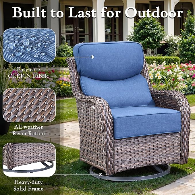Luxury High Back Outdoor Furniture with 6-inch Extra Thick Cushions, Patio Furniture Set with Swivel Chairs, 4 PCS Wicker Conversation Set for Yard, Deck, Poolside, Brown/Blue