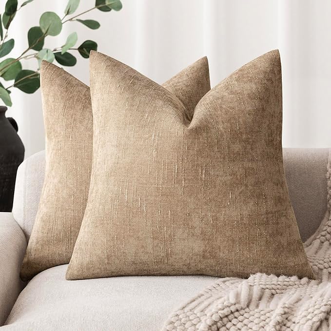 Foindtower Pack of 2 Textured Chenille Throw Decorative Pillow Covers Square Accent Solid Cushion Cover Neutral Farmhouse Pillow Case for Couch Sofa Bedroom Living Room 16x16 Inch,Taupe Khaki Camel