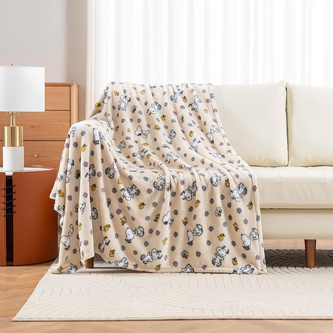 Berkshire Blanket Peanuts® VelvetLoft® Cute Character Snoopy Plush Throw Blanket,Peanuts Woodstock Snoopy Spring Frolic Large Canvas,Throw 55 in x 70 in (Official Peanuts® Product)