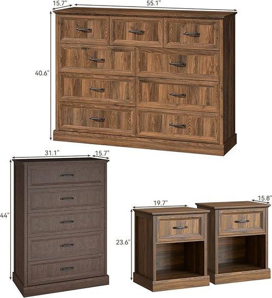 Farmhouse Dresser and Nightstand Sets, 4Pcs Bedroom Furniture Set, Nightstand Set of 2 & 55" Wide 9 Drawer and 44" Tall 5 Drawer Dresser with Large Drawers & Bar Handles, Brown