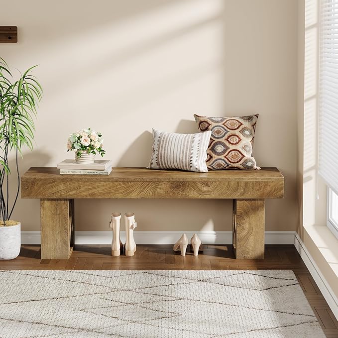 Tribesigns 55" Extra Long Entryway Bench, Farmhouse Wooden Entry Shoe Bench Seat, Indoor End of Bed Stool for Hallway, Bedroom, Living Room, Brown