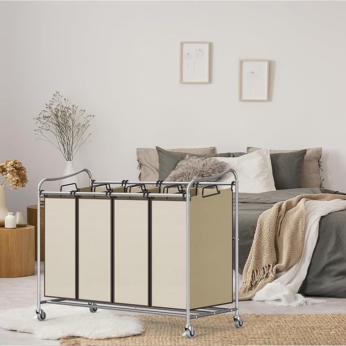 Simple Houseware 4-Bag Heavy Duty Rolling Laundry Sorter Cart, Chrome