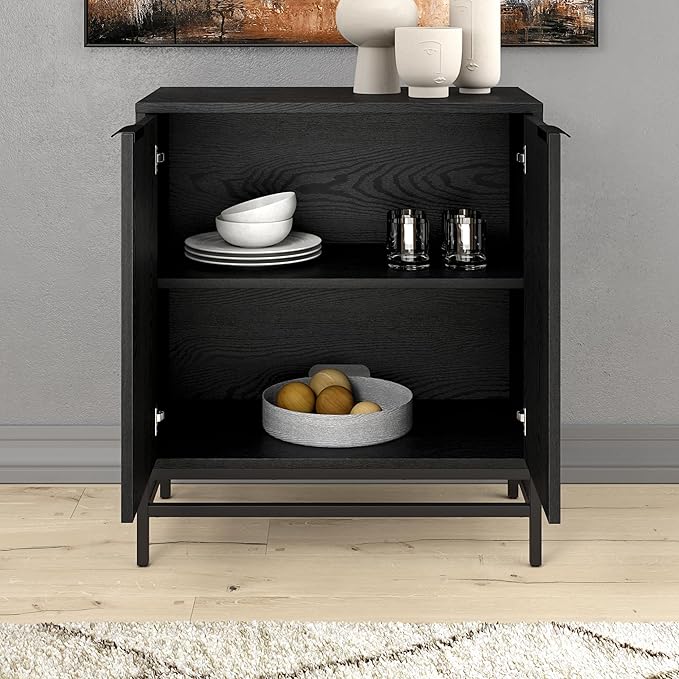 Henn&Hart 28" Fluted Wooden Accent Cabinet, Modern Ribbed Sideboard Buffet Cabinet with 2 Doors and an Adjustable Shelf for Living Room, Dining Room, Bedroom or Entryway, Black Grain