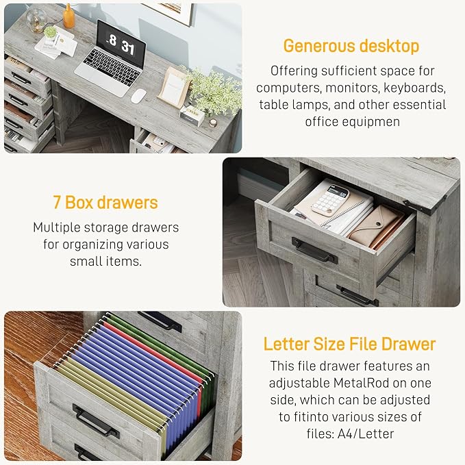 Vabches Farmhouse 60.6” Executive Desk with 7 Drawers, Computer Desk with File Drawer for Hanging Files A4, Workstation for Home Office, Study.Grey