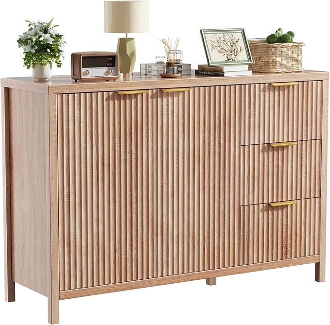 Fluted Sideboard Buffet Cabinet, 46.5" Modern Storage Cabinet with 2 Doors & 3 Drawers, Sideboard Console Table for Entryway,Living Room,Kitchen,Dinning Room-Natural Oak
