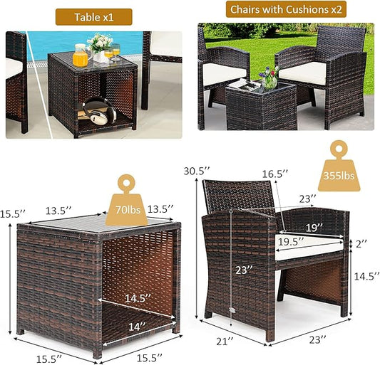 COSTWAY 3 Pieces Patio Furniture Sets, Outdoor Rattan Conversation Set with Tempered Glass Tabletop and Soft Cushion, Wicker Cushioned Chair Sofa for Backyard, Porch, Poolside, Lawn, White