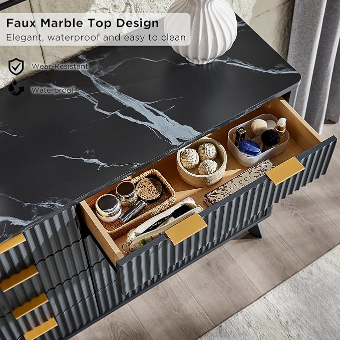 T4TREAM Fluted 8 Drawers Dresser, 54" Wide Modern Chest of Drawers with Faux Marble Top, Curved Profile Design, Dresser TV Stand, Wood Drawer Organizer for Bedroom, Living Room, Hallway, Dark Grey
