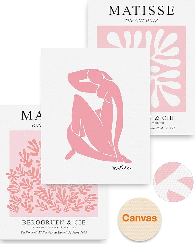 HesenDot Matisse Art wall Décor Set of 3,Unframed Blush & Salmon Pink wall art,Truly Quality Canvas Prints for 12x16in,Art poster decoration for kitchen, bathroom,living room,bedroom