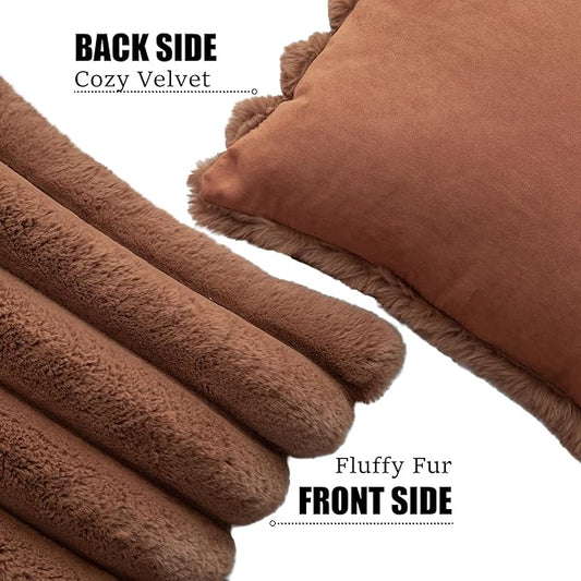 Neelvin Brown Faux Fur Cozy Soft Stripe Decorative Throw Pillow Covers 20x20 inch Set of 2,Velvet Pillowcase Cushion Case for Sofa Couch