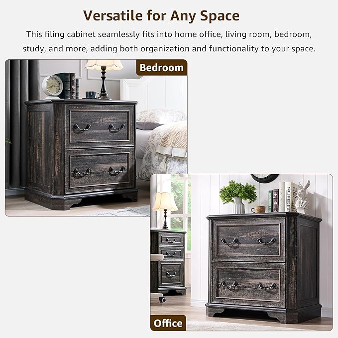 T4TREAM 2 Drawer File Cabinet-30 Wide Wooden Extended Desktop, Farmhouse Filing Cabinet with Smooth Rails, Holds Letter/Legal/A4, Hexagonal Design & Framed Drawer Fronts, Dark Rustic Oak