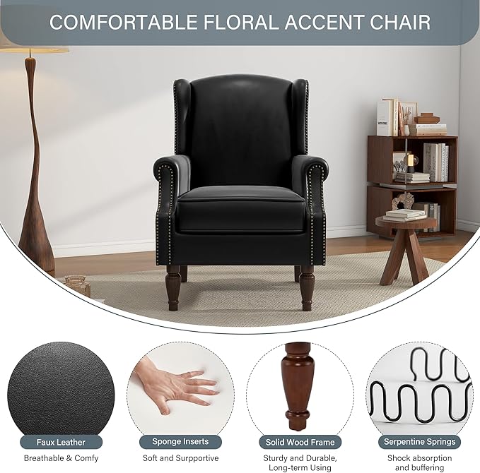 UIXE PU Leather High Back Accent Chair, Upholstered Armchair for Living Room, Retro Wingback Arm Chair Nailhead Trim Single Sofa Bedroom Reading Seat with Solid Wood Legs - Black
