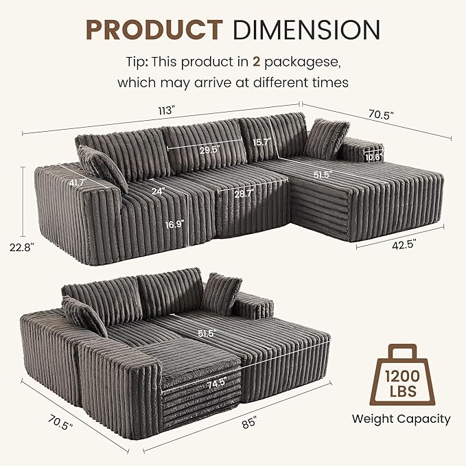 Apicizon 113" Modular Sectional Couch for Living Room, L Shaped Sectional Sofa Couch with Deep Seat, 3 Seat Boneless Sofa with Chaise Longue for Apartment,No Assembly Required (Plush Corduroy Gray)