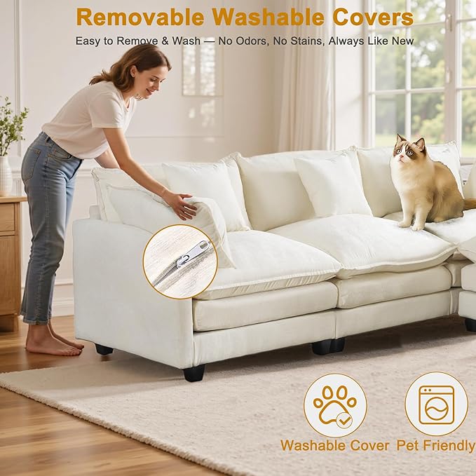 U-Shaped Cloud Chenille Sectional with 2 Ottomans, 146" Modular Sofa for Large Spaces, Ultimate Comfort with Deep Seats & Pillows, Solid Frame, 1YR Warranty