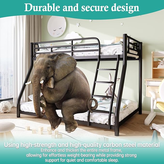 Metal Twin Over Full Bunk Bed,Bunk Beds Twin Over Full Size with Removable Wide Ladder and Full-Length Guardrail,Low Full BunkBeds Frame Heavy Duty steel Slat Support For Adults Kids and Young Teens
