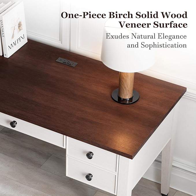 EUREKA ERGONOMIC Farmhouse Writing Desk, 55" Executive Office Desk with 3 Drawers,Keyboard Tray,Mid-Century Modern Computer Desk w Solid Wood Legs,Birch Finish,Antique White