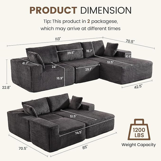 Apicizon 113" Sectional Sofa Couch for Living Room, 3 Seat Boneless Sofa with Chaise Longue, L-Shape Modular Sectional Couches with Deep Seat for Apartment,No Assembly Required (Stripe Corduroy Gray)