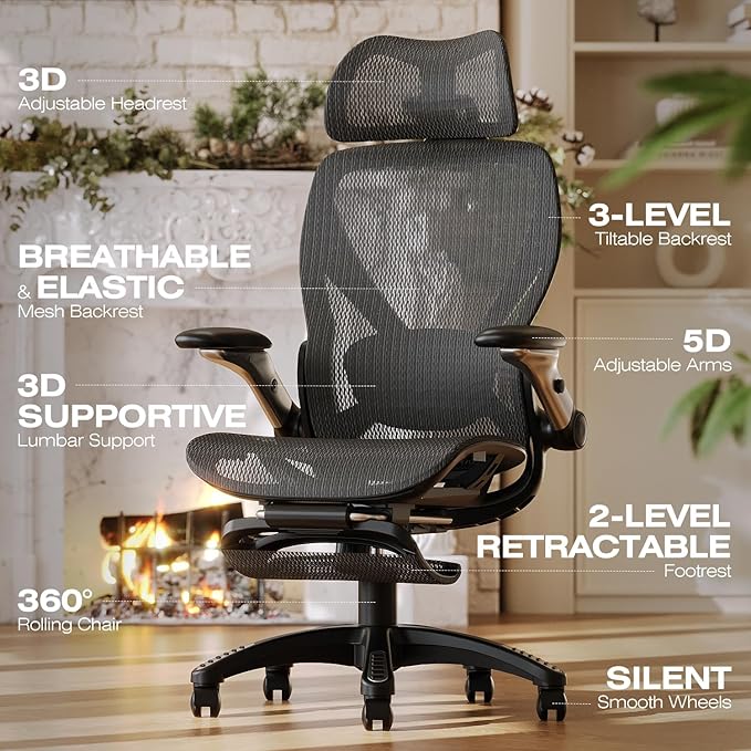 ELABEST X100 Ergonomic Office Chair with Footrest, Big and Tall Home Desk Chair with 5D Flip-Up Arms, Adjustable 3D Lumbar Support,High Back Rolling Computer Chair, Swivel Mesh Chairs (Midnight Mist)