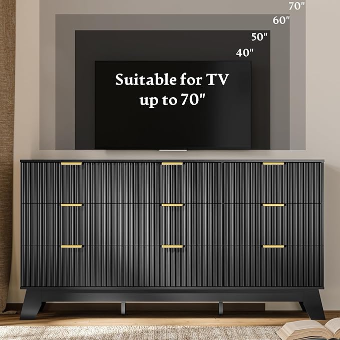 Fluted Dresser for Bedroom with 9 Drawers, 57" Mid Century Modern Dresser of Closet TV Stand, Nature Wood Dressers with Gold Handle, Boho Closet Wide Modern Chest of Drawers, Black