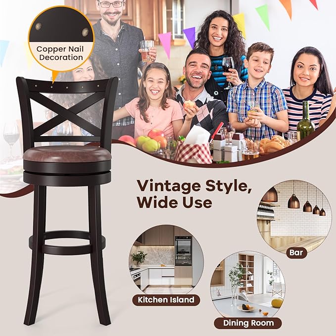 COSTWAY Bar Stools Set of 4, 30" Swivel Bar Height Bar Chairs with Copper Nails, Upholstered Seat, X-Shaped Backrest, Solid Rubber Wood Frame, for Kitchen Island Pub Bar