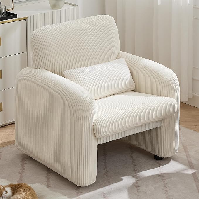 Corduroy Fabric Accent Chair, Modern Upholstered Living Room Chairs with Lumbar Pillow, Wide Comfy Leisure Armchair for Bedroom, Office, Reading, White