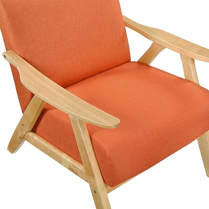 Lexicon Mid Century Modern Accent Chair with Solid Wood Frame in Natural Finish, Textured Fabric Living Room Lounge Arm Chair, Thick and Comfy Innerspring Seat Cushion, Linen-Look Fabric, Orange