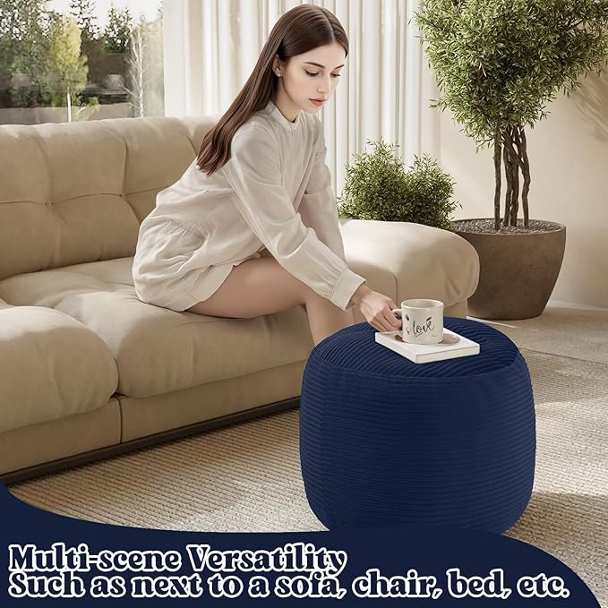 MeMoreCool Stuffed Round Pouf Ottoman Foot Rest, Floor Pouf Foot Stool with Soft Foam Chunk Filling, Round Small Ottoman Footstool Circle Footrest for Couch Living Room, Corduroy Navy