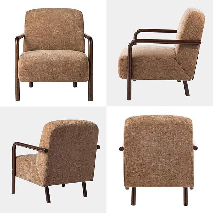 Glitzhome Modern Accent Chair for Living Room, Upholstered Extra-Cushioned Fabric Armchair with Walnut Rubber Wood Frame, Comfy Single Chair for Living Room/Bedroom/Reading Room/Office