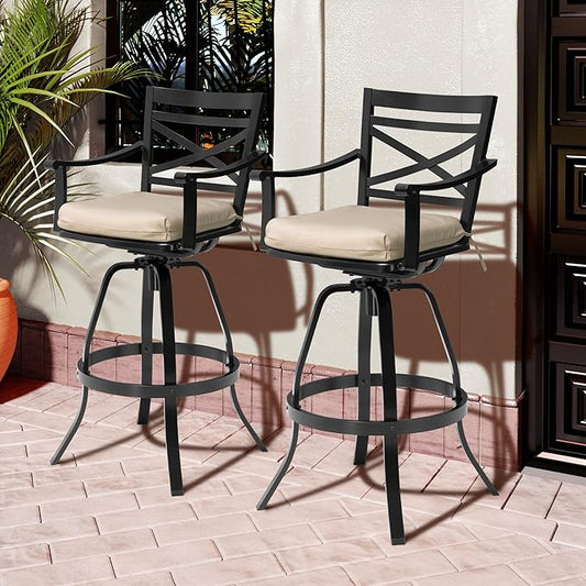 Pellebant 30" Sunbrella Outdoor Bar Stools Set of 6, Aluminum Swivel Patio Bar Height Bar Stools with Back & Footrest, for Deck Lawn Garden(Canvas Antique Beige)