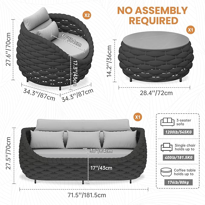 Woven Rope Patio Furniture Set: 4 Pieces Aluminum Outdoor Conversation Sofa Set Assembled - Modern Deck Couch Set Cushioned - All Weather Metal Porch Seating for 5 Person Garden Pool Yard Hotel