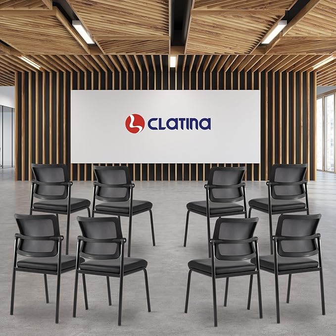 CLATINA Stacking Waiting Room Chairs, Adjustable Mesh Backrest Armless Office Guest Reception Chair with Ergonomic Lumbar Support and Leather Cushion for Conference Lobby Side School Classroom,4PK