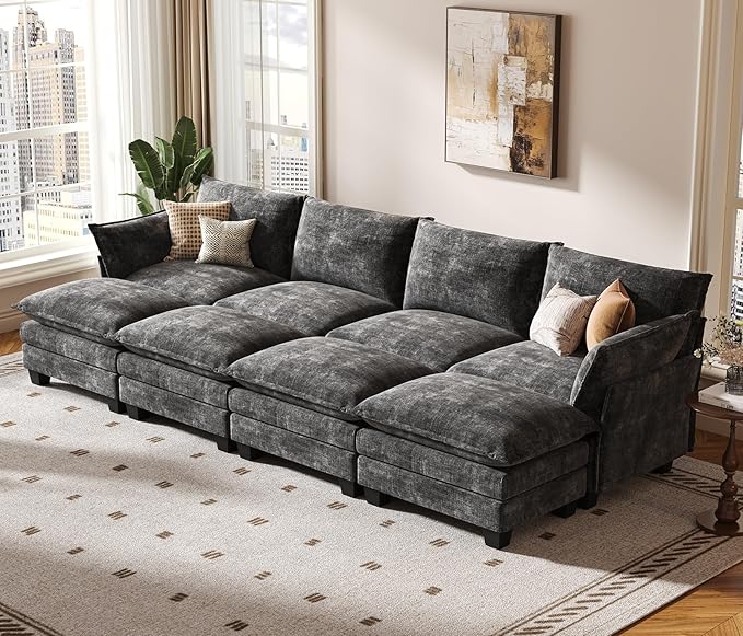 KKL 120" Huge Modular Sectional Sofa Bed, 8 Seater Convertible J/L/U-Shaped Sleeper Cloud Couch with Ottoman, Chenille Sectional Couches for Living Room, Apartment, Grey