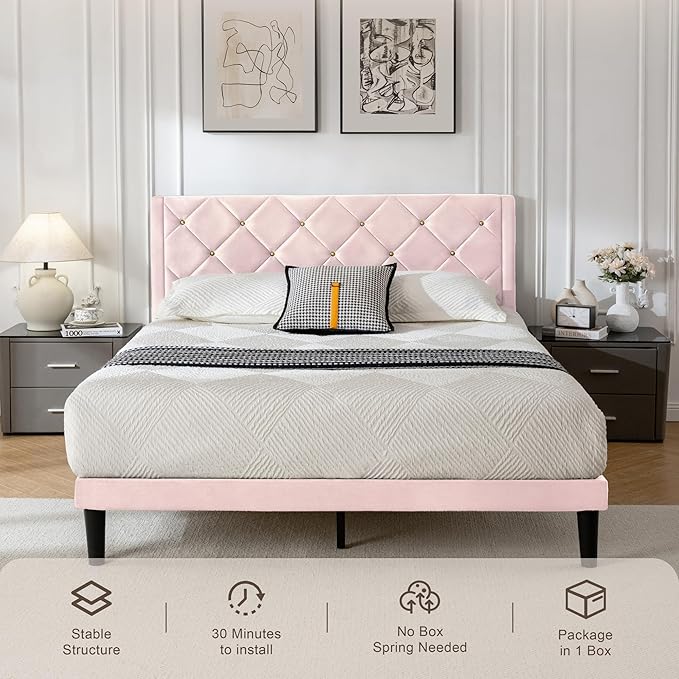 Queen Size Platform Bed Frame with Velvet Upholstered Headboard and Sturdy Wooden Slats Support,Mattress Foundation,Easy Assembly, No Box Spring Needed,Slip Resistant (Pink, Queen)