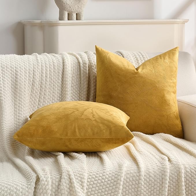 FUTEI Golden Yellow Velvet Throw Pillow Covers 12x20 Inch Set of 2,Soft Embossed Leaf-Relief Textured Lumbar Pillow Cases,Natural Home Decor for Couch Living Room