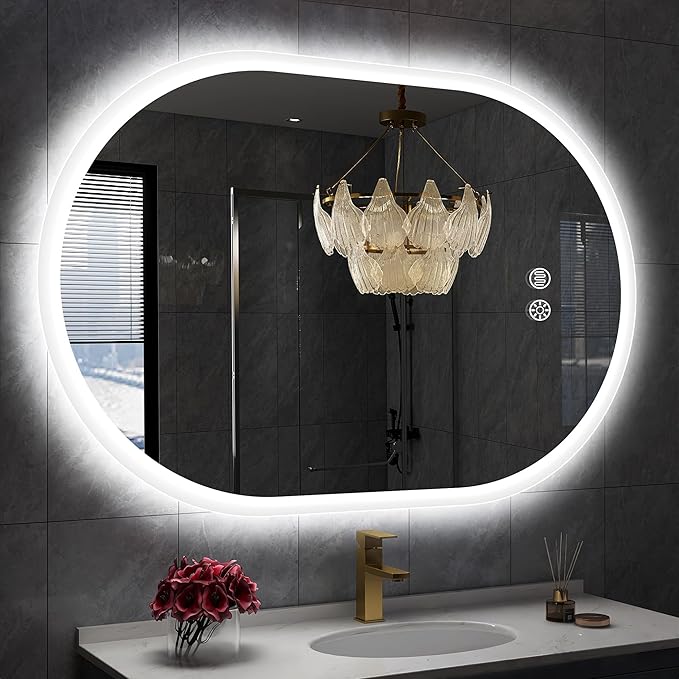 S'bagno 24x36 Inch Oval LED Mirror for Bathroom with Front and Backlight, Anti-Fog, 3 Colors Temperature & Dimmable, Bathroom Mirror with Lights with Memory Function, Waterproof, Shatter-Proof
